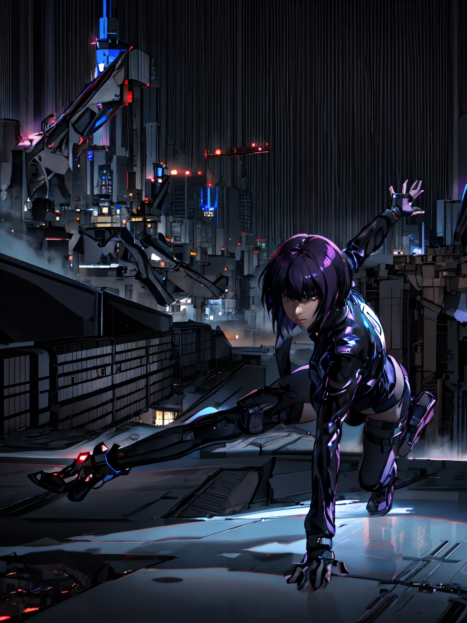 Night city background、Absurd, Highest quality, One girl, alone, View your viewers, Eye focus, motoko_Kusanagi, Black jacket