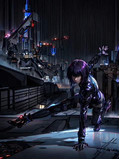 night city background、absurd, highest quality, one girl, alone, view your viewers, eye focus, motoko_kusanagi, black jacket