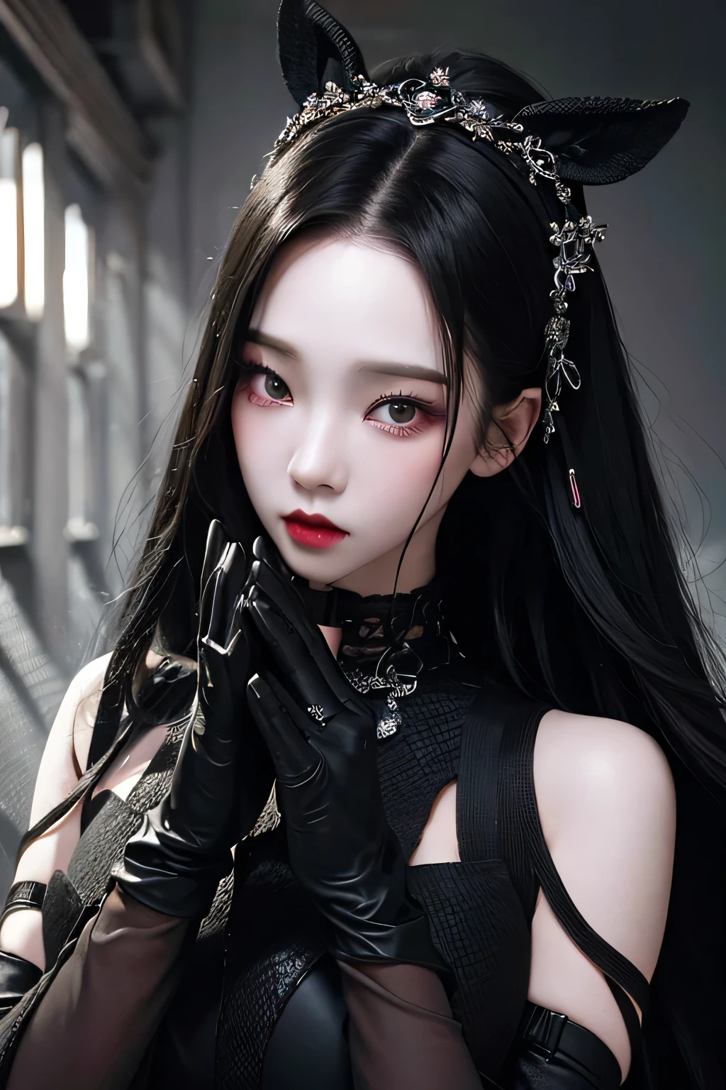 A close up of a woman in a black dress, her hands adorned with gloves, exudes an air of mystery and intrigue. Graced by the brush of Yang J, this image of a cruel Korean goth girl comes to life, her pale complexion contrasting sharply with the darkness of her attire. Fan Bingbing's fierce and enchanting gaze pierces through the frame, as if daring you to challenge her authority.