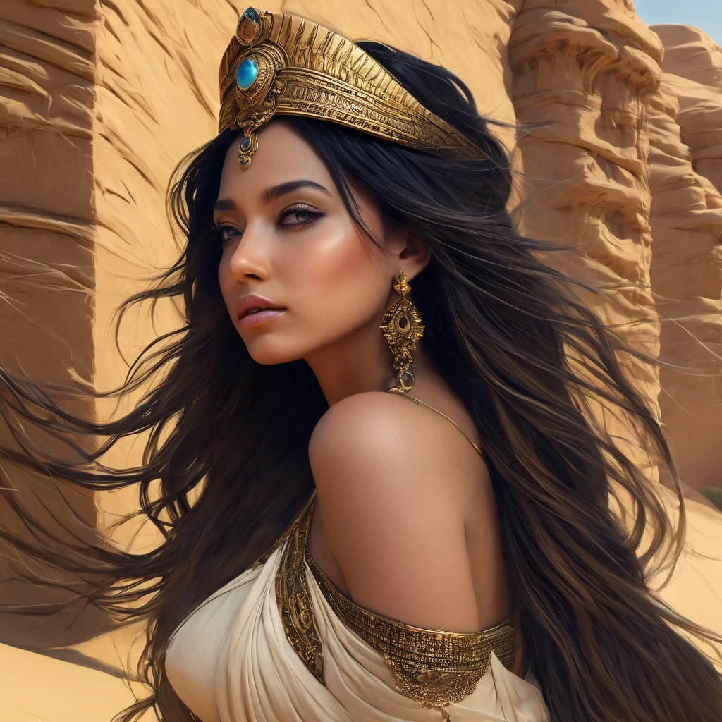 ((Sleeping in the Desert 2.0))，(bust:1.4), Shot from directly above:1.4, Desert Princess, Beautiful woman with long black hair, Detailed face, Deep Eyes, ふっくらAnd唇, wear a gold tiara, A vast and detailed universe,Endless desert, Dramatic lighting, A gorgeous column, rich fabric, (Highest quality,4K,8K,High resolution,masterpiece:1.2),Super detailed,(Realistic,photoRealistic,photo-Realistic:1.37),Intricate details,Cinema Lighting,Chiaroscuro,Dramatic Shadows,Warm color palette,Dramatic Pose, Beautiful Egyptian Queen,Hall々And,elegant,Majestic