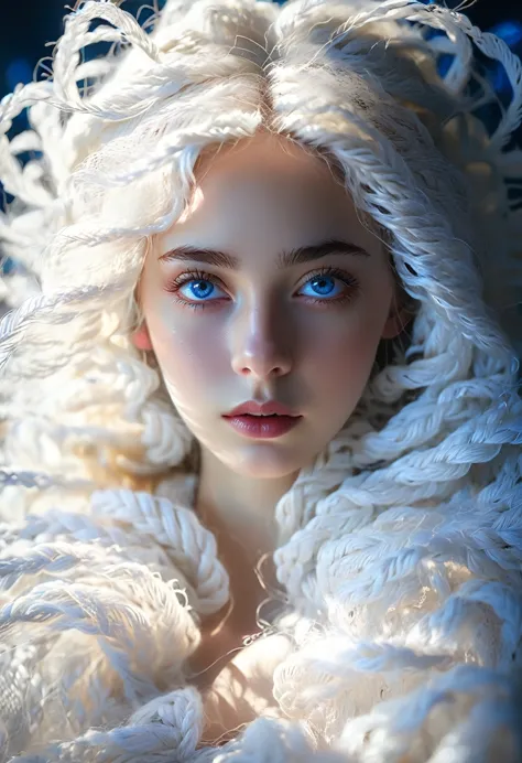 Long white yarn，Beautiful Spanish girl，blue eyes，Clear eyelashes dark background，Backlight，Michal Katz Style，Soft colors，4K,phot...