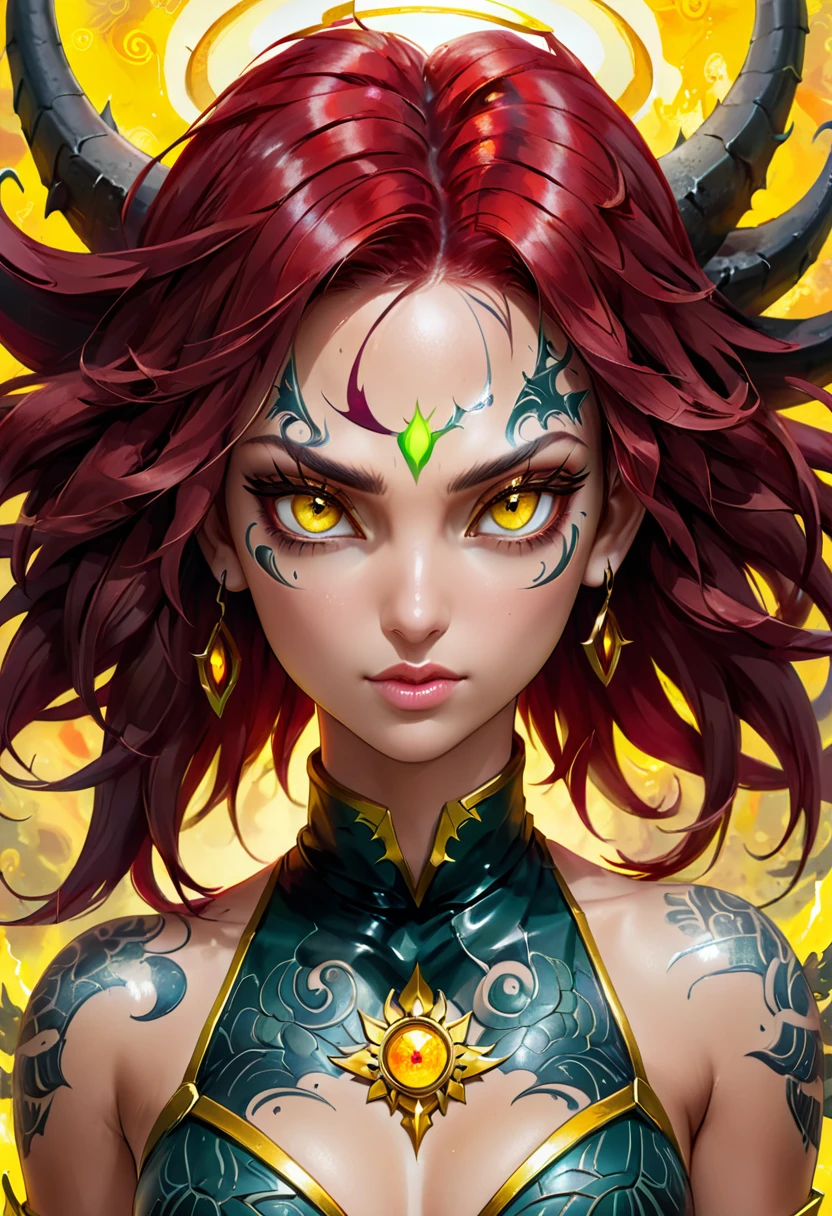 En pintura al óleo, la chica Lara Croft, Broly de DBZ con mohicano puntiagudo, cabello corto rasurado, húmedo, brillante, con mechas amarillas, sangre, luz, cabello, cuernos de dragón, red sanguehair, ojos Rinnegan amarillos justos corvos de hielo en el aire, patrón latino rostro de ángel tatuaje de fénix alrededor de los ojos cabeza levantada elegante de pie belleza impresionante, perfección pura noche en el fondo del mar profundidad de campo, Mirando a la cámara, dibujo a lápiz bidimensional crayones de grafito 8b estilo de rasguños fuertes y perfectos