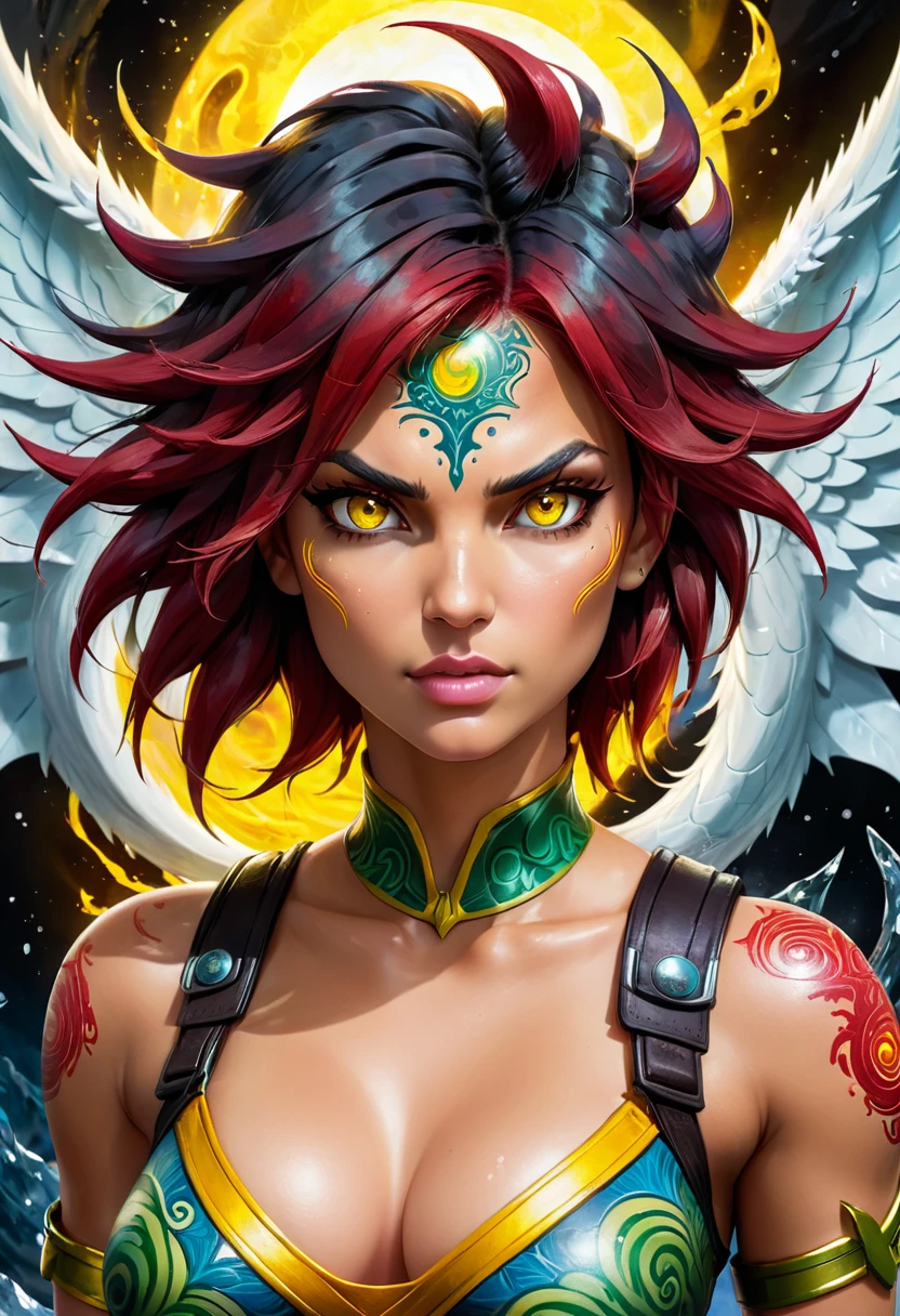 En pintura al óleo, la chica Lara Croft, Broly de DBZ con mohicano puntiagudo, cabello corto rasurado, húmedo, brillante, con mechas amarillas, sangre, luz, cabello, cuernos de dragón, red sanguehair, ojos Rinnegan amarillos justos corvos de hielo en el aire, patrón latino rostro de ángel tatuaje de fénix alrededor de los ojos cabeza levantada elegante de pie belleza impresionante, perfección pura noche en el fondo del mar profundidad de campo, Mirando a la cámara, dibujo a lápiz bidimensional crayones de grafito 8b estilo de rasguños fuertes y perfectos