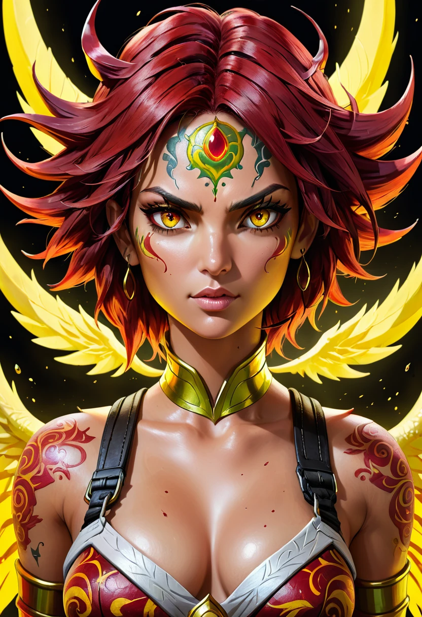 Em tinta óleo girl Lara croft Broly DBZ moicano espetado hort raspado baixo molhado brilho mechas yelow blood luz hair dragon horns, cabelo ruivo de sangue, Rinnegan amarelo olhos justo gelo corvos no ar, patterned latino Angel face tatuagem de fênix em volta dos olhos head raised elegant standing stunning beauty, noite de pura perfeição No fundo do mar profundidade de campo, olhando para a câmera, two-dimensional desenho a lápis 8b giz de cera em grafite perfeito riscos fortes style