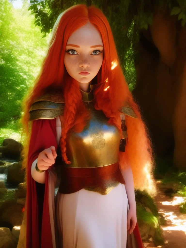 1girl, 18 years old princess, striking figure, long ginger hair, wavy hairs, fair skin, (((freckles))), ((kolito)), innocent and regal appearance, expressive eyes are filled with a mix of curiosity and determination, her slender frame, elegant grace, leather armor, feather headdress, in a forest, waterfall, fanAm