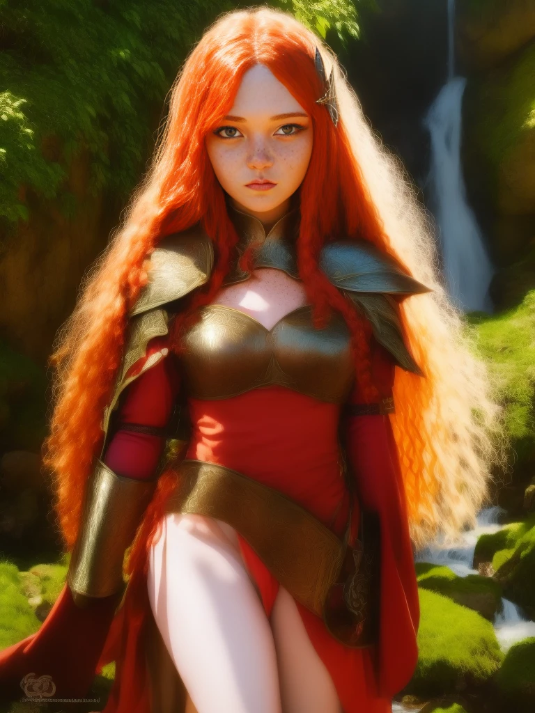 1girl, 18 years old princess, striking figure, long ginger hair, wavy hairs, fair skin, (((freckles))), ((kolito)), innocent and regal appearance, expressive eyes are filled with a mix of curiosity and determination, her slender frame, elegant grace, leather armor, feather headdress, in a forest, waterfall, fanAm