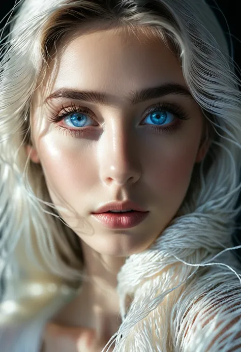 Long white yarn，Beautiful Spanish girl，blue eyes，Clear eyelashes dark background，Backlight，Michal Katz Style，Soft colors，4K,phot...