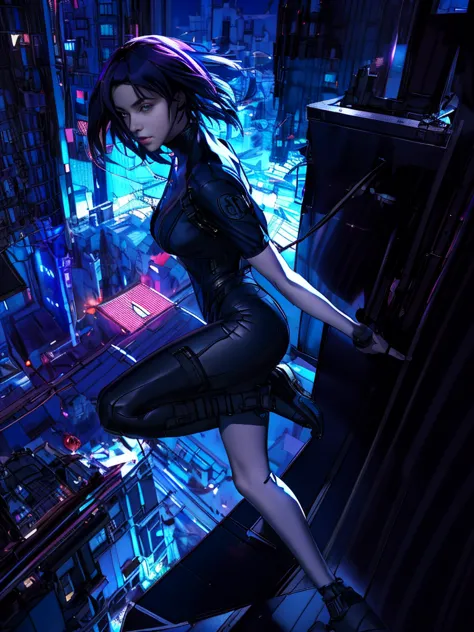 night city background、absurd, highest quality, one girl, alone, view your viewers, eye focus, motoko_kusanagi, black jacket