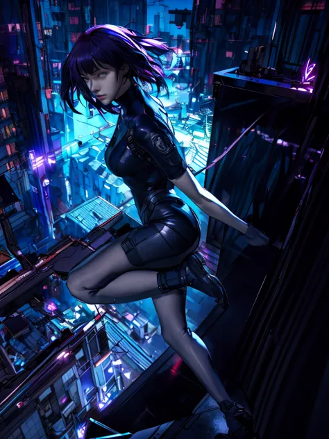 night city background、absurd, highest quality, one girl, alone, view your viewers, eye focus, motoko_kusanagi, black jacket