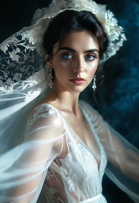 a beautiful spanish woman in a long white sheer dress, piercing blue eyes, long dark eyelashes, backlit, moody dark background, ...