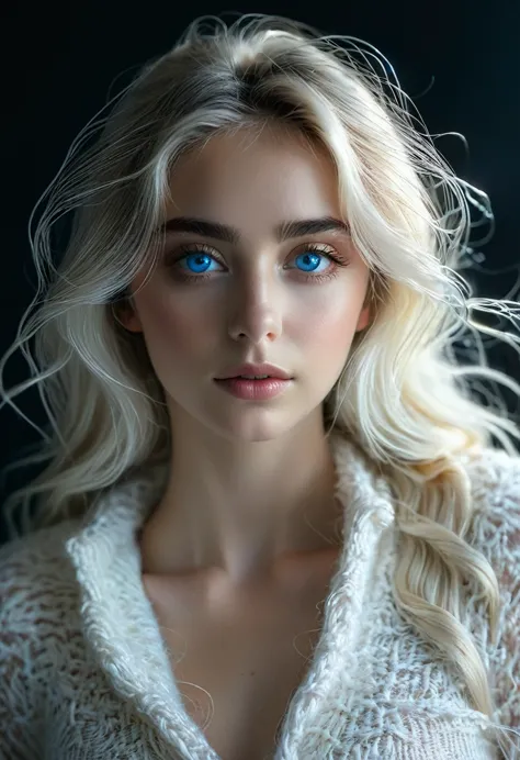 Long white yarn，Beautiful Spanish girl，blue eyes，Clear eyelashes dark background，Backlight，Michal Katz Style，Soft colors，whole b...