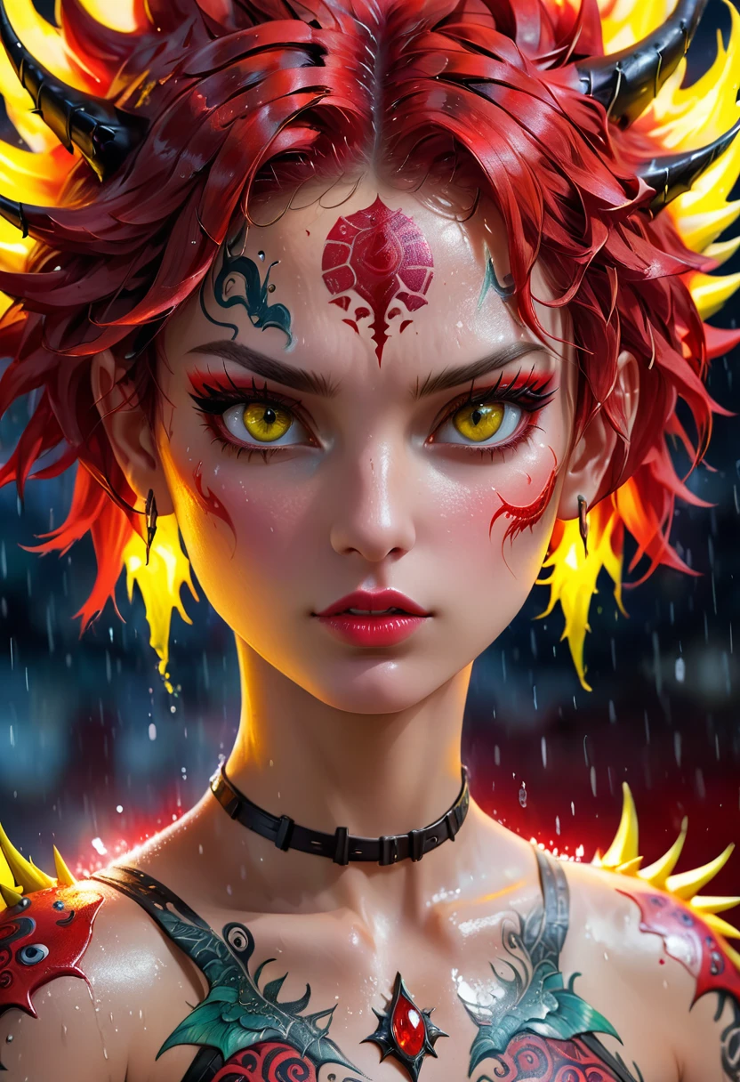 En pintura al óleo, la chica Lara Croft tiene un mohawk rizado, puntiagudo, corto, afeitado, mechones bajos, húmedos y brillantes, cabello amarillo sangre claro, cuernos de dragón., red sanguehair, ojos rojos de Rinnegan, corvos de hielo claro, sin ar, patrón latino rostro de ángel tatuaje de fénix alrededor de los ojos cabeza levantada elegante de pie belleza impresionante, perfección pura noche en el fondo del mar profundidad de campo, Mirando a la cámara, Dibujo a lápiz bidimensional con crayones de grafito 8b, estilo perfecto con rayas fuertes