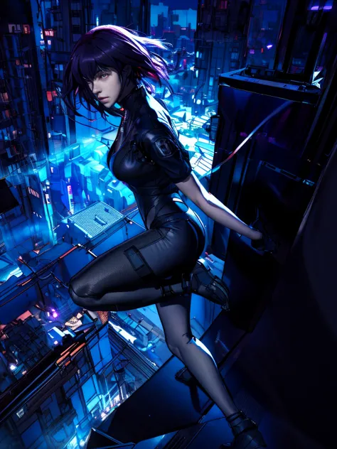 night city background、absurd, highest quality, one girl, alone, view your viewers, eye focus, motoko_kusanagi, black jacket