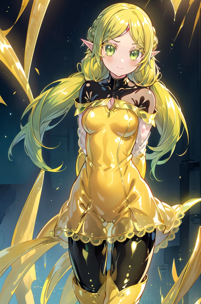 (1girl,solo),cowboy shot,(thin thighs:1.4),standing,(green hair:1.4), long hair, low twintails,elf ears,(green eyes:1.2),(beautiful fingers:1.4),(perfect anatomy:1.4),(arms_behind_back:1.6),(cold_shoulder:1.4),BREAK,(yellow leather lace glossy silk lamé leotard:1.6),(latex luster shiny glossy metallic:1.6),(shiny_clothes:1.6),beautiful breasts,masterpiece,best quality,(Ultra high definition eyes:1.2),8k,(Beautiful detailed eyes:1.2),(Fine and beautiful eyes:1.2),(pretty eyes:1.2),finely detail,extremely CG, absurdres,high resolution,illustration,Detailed and beautiful outlines,finely detail,high resolution,(colorful refraction:1.4,Increase saturation:1.2),beautiful lighting,dynamic lighting,closed room,black background,simple background, smile,looking at viewer,sui,suidefault,suidress,yellow dress,(yellow thigh boots:1.4)