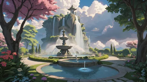 Mystoicla garden with magic with a fountain and a waterfall, No human: 2, statue of a huge taitan at horizon touching the cloud