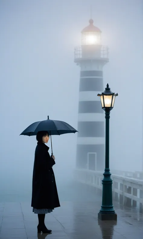 korean woman,short hair, black coat, cool,rain,blur,fog,middle,cool,boring,,pier,only,lighthouse,coast,
the dim light shines in ...