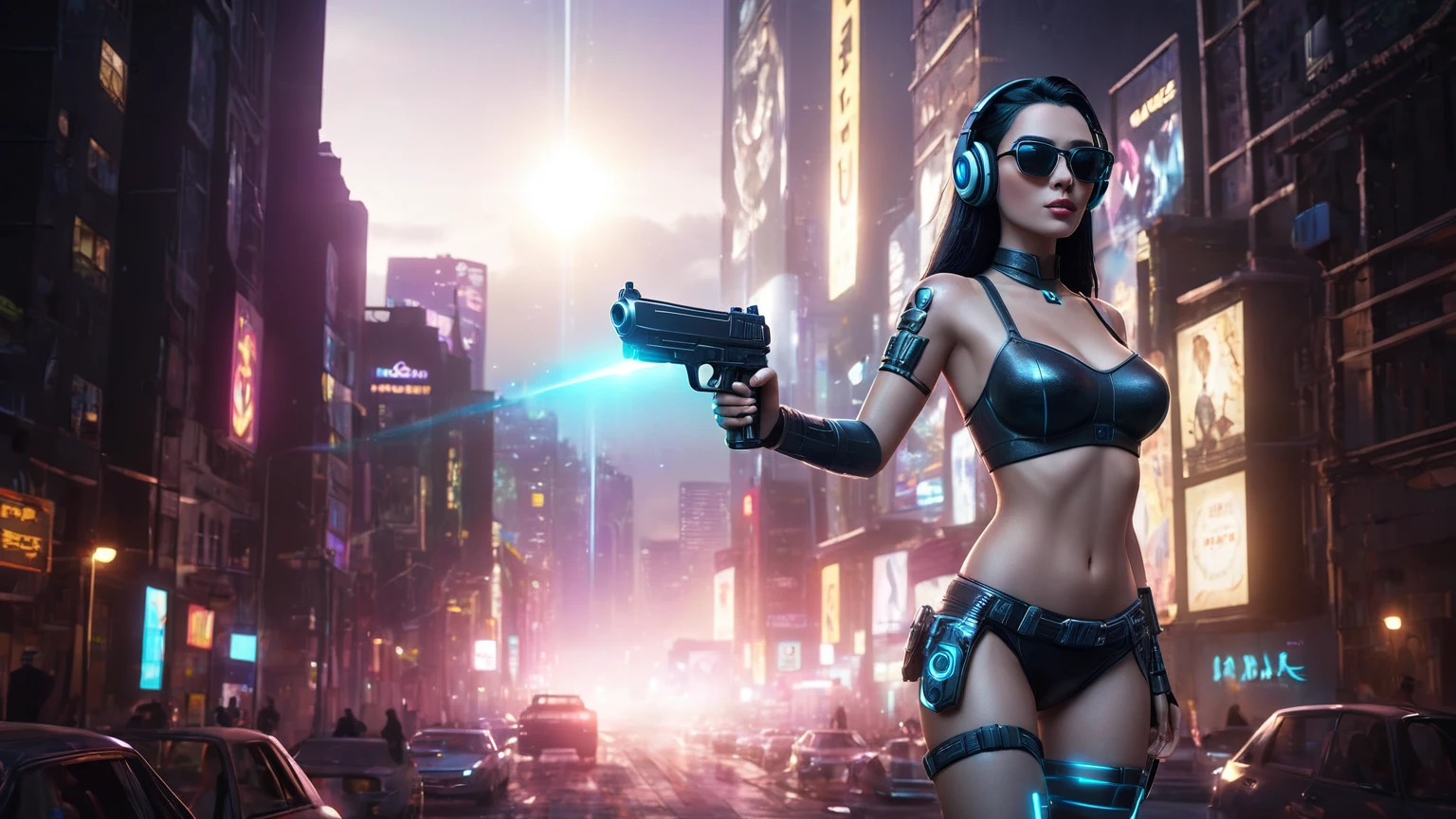 At night, dark sky, distant shot aerial view of fantasy cyberpunk style ice ((Moai-statue)) city, ((flying car)). ((1girl, solo, alone)), medium-breast:1.1 slim body, cleavage, sexy clothes, (headphone, black sunglasses, long black realistic hair), (((hip-up standing and holding pistol))), (((((half-body thigh level medium shot))))), cinematic lighting, lens flare, ray tracing.