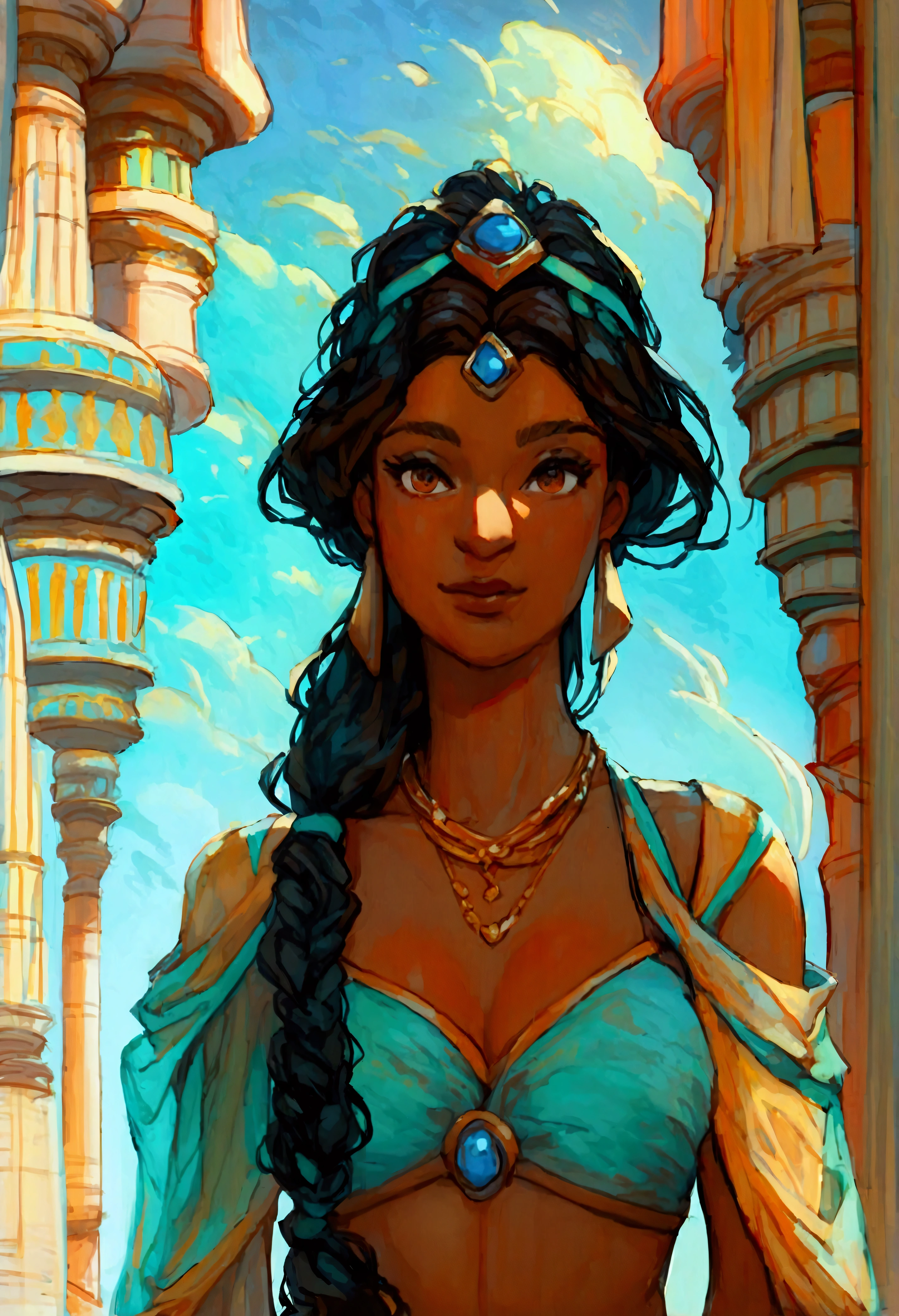 score_9, score_8_up, score_7_up, (solo close-up of Princess Jasmine:1.5) in (dynamic pose:1.0) on balcony of (Arabian palace:1.2), dark-skinned beauty, perfect face, ornate columns, starlit romantic sky, (architecture with intricate design and verdant vegetation), bright colors, (cartoon artstyle with bold lines:1.3), (warm ambient:1.2), rating_safe.