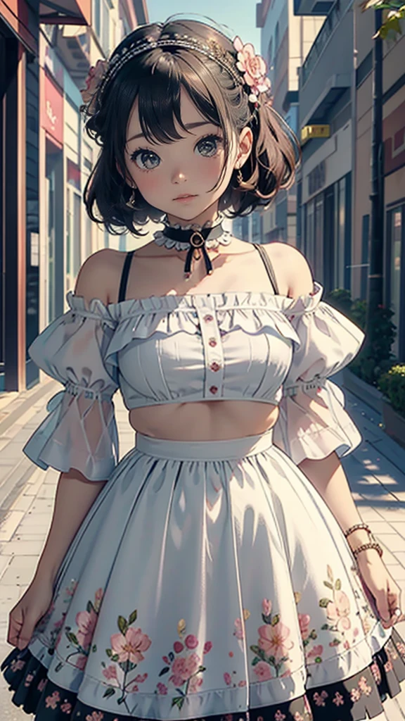 (Highest quality, masterpiece), One girl, Intricate details, Off the shoulder, skirt, choker, Frills, See-through, View your viewers, blush, Upper Body, Blurred Background, Floral print, Contrasting