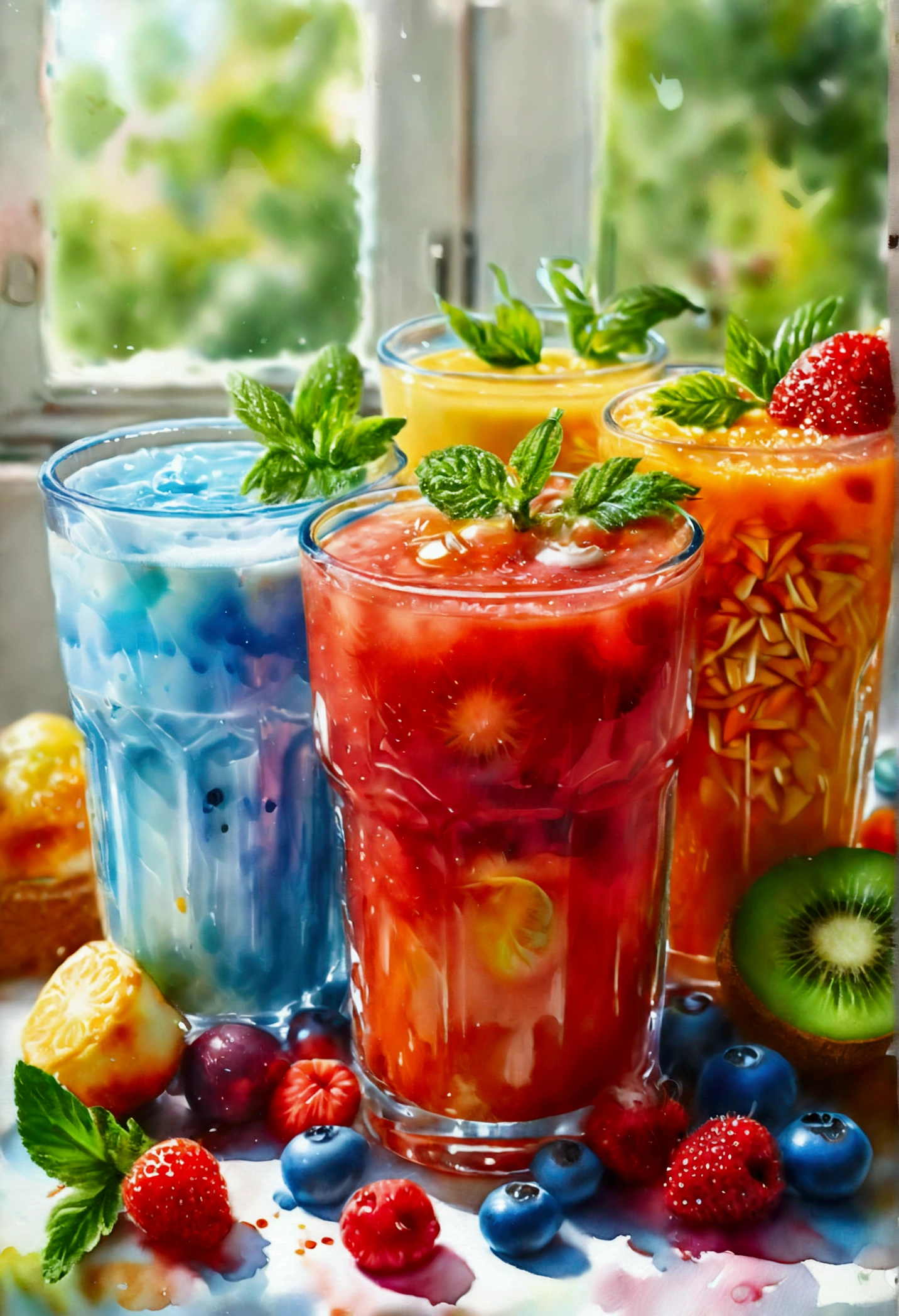 Es gibt viele Arten von bunten, gesunden Getränken, die in Gläsern serviert werden, die Gläser stehen auf einer Oberfläche, Säfte, Smoothie und aromatisiertes Wasser , Illustration, isoliert mit solidem weißem Hintergrund, umgeben von negativem Raum, zentrierte Komposition, höchste detailreiche Malerei, sehr präzise Linie, isoliert, klarer, fester weißer Hintergrund, perspektivischer Blickwinkel, ((Aquarell:1.5)), (Lora:Detail hinzufügen-xl:1), (Meisterwerk), (beste Qualität), kein Brot auf dem Boden, verwaschene Farbe, (ghibli)