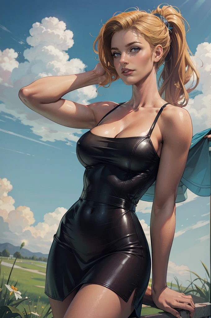 photorealistic,realistic, solo, photorealistic, best quality, ultra high res, 1girl,, , blonde hair in a ponytail, wearing a leather sundress, breeze blowing through the grass,, , 1girl,, beautiful, masterpiece, best quality, extremely detailed face, perfect lighting, 1girl, solo,, , best quality, ultra high res, photorealistic,, ultra detailed,, masterpiece, best quality, , nancy1, large breasts, cleavage,, breast curtains, ,