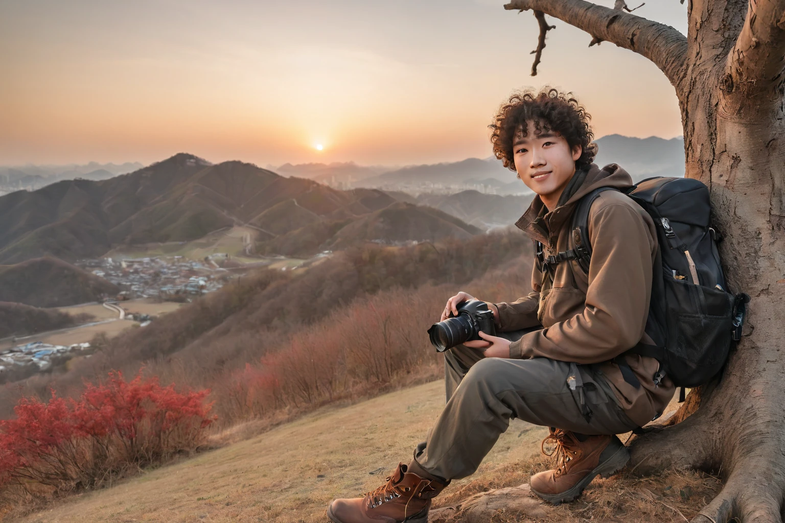 フルギアを着けた、くるくるの髪の韓国人男性の目を引く屋外写真, カメラとバックパックを持って枯れ木の下に座って寄りかかっている, ブーツが見える. 彼の背中は丘の魅惑的な夕日に向かっている, 甘い笑顔でカメラを見る. 背景は暖色のミックスで鮮やかな夕焼けを見せている, 険しい丘. 旅行写真, 自然写真, ゴールデンアワーの照明, HD品質, 明確な詳細, 鮮やかな色合い, バランスのとれた光, リアルなテクスチャ, ふujifilm, ふ/9 絞り, 1/シャッター速度180秒 --ar 16:9 --in 6.0 