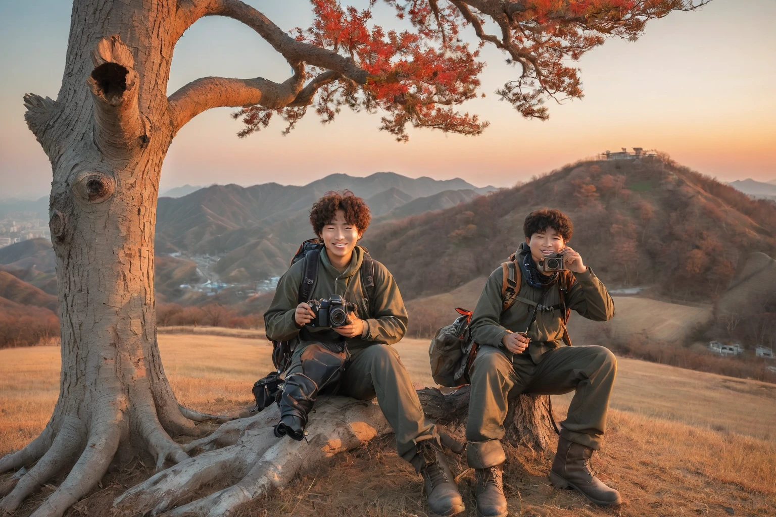 Uma fotografia de exterior impressionante de um homem coreano com cabelo encaracolado em plena forma, Sentado e encostado numa árvore morta com uma câmara e mochila, Botas à vista. De costas para um pôr do sol hipnotizante numa colina, Olhando para a câmera com um sorriso doce. O fundo mostra um pôr do sol vibrante com uma mistura de cores quentes, Encosta acidentada. fotografia de viagem, fotografia da natureza, iluminação da hora dourada, Qualidade HD, detalhes claros, tons vibrantes, luz equilibrada, Texturas realistas, Fujifilm, F/Abertura 9, 1/Velocidade do obturador de 180 segundos --ar 16:9 --v 6.0 