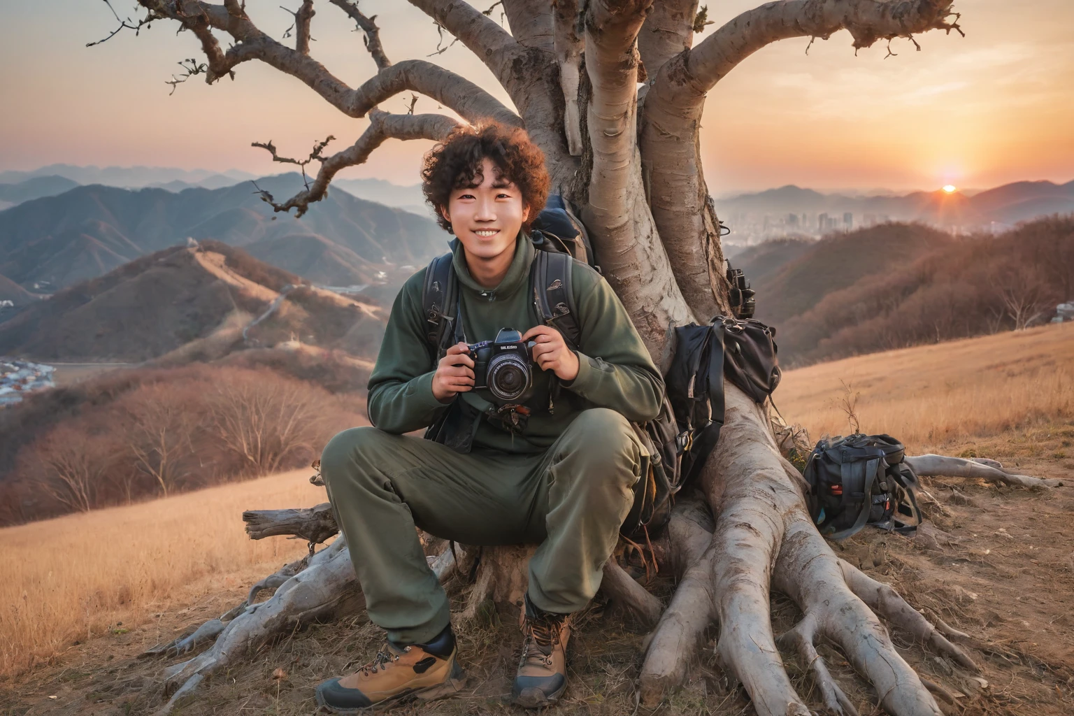 一位韓國男性，留著捲髮，全副武裝，在戶外拍攝了一張引人注目的照片, 坐在枯樹下，靠著枯樹，背著相機和背包, 靴子在望. 他背對著山坡上迷人的日落, 甜甜地看著鏡頭. 背景呈現出鮮豔的日落，混合著溫暖的顏色, 崎嶇山坡. 旅遊攝影, 自然攝影, 黃金時段燈光, 高清畫質, 清晰的細節, 充滿活力的色調, 平衡光, 逼真的紋理, 富士膠片, F/9光圈, 1/180 秒快門速度 --ar 16:9 --6 中.0 