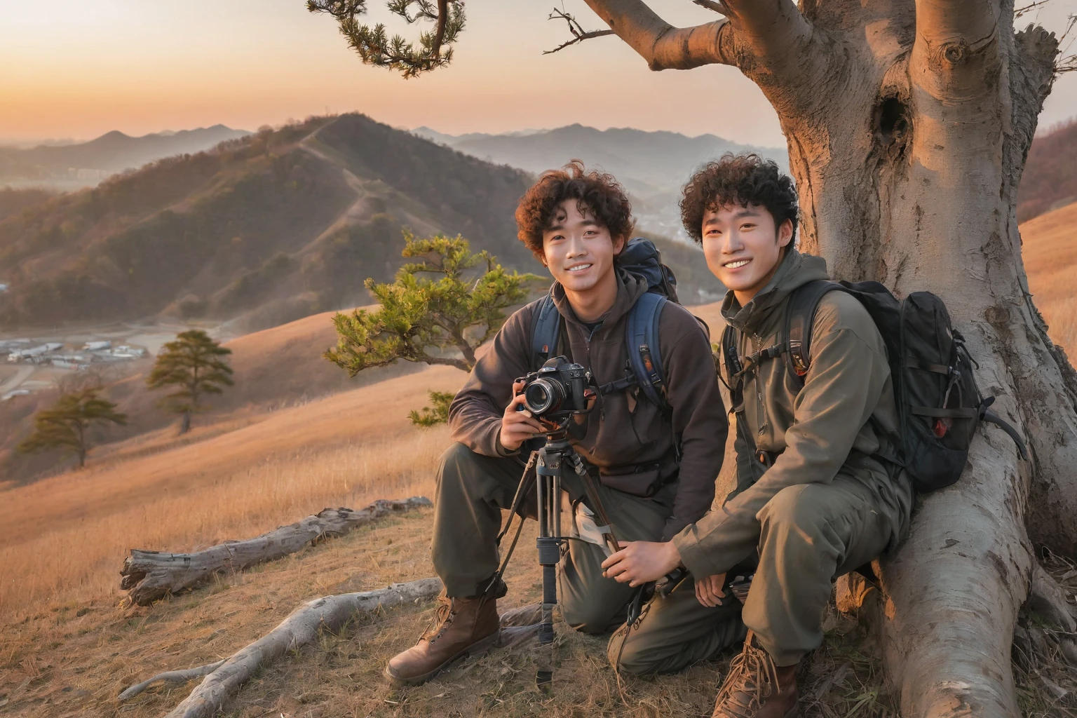 Une photo extérieure accrocheuse d'un homme coréen aux cheveux bouclés en tenue complète, assis et penché sous un arbre mort avec un appareil photo et un sac à dos, Bottes en vue. Son dos face à un coucher de soleil fascinant sur une colline, regardant la caméra avec un doux sourire. L'arrière-plan montre un coucher de soleil éclatant avec un mélange de couleurs chaudes, Coteau accidenté. photographie de voyage, photographie naturelle, éclairage de l&#39;heure d&#39;or, Qualité HD, détails clairs, des teintes vibrantes, Lumière équilibrée, Textures réalistes, Fujifilm, F/9 ouverture, 1/Vitesse d'obturation de 180 secondes --ar 16:9 --en 6.0 