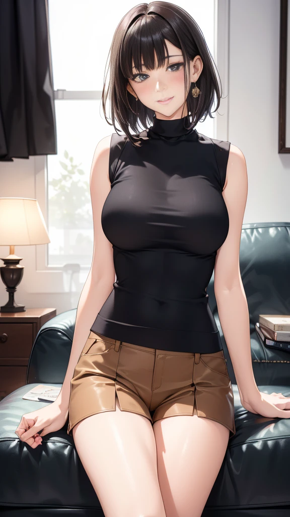 4k-ultra sharp、1 Woman Standing, /(Sleeveless knit shirt/) /(hot pants/), Mature Woman, /(Black Hair/) bangs, A gentle blushing smile, (Masterpiece Top quality:1.2) Delicate illustrations, super detailed, Big Break /(Modern house living room/)