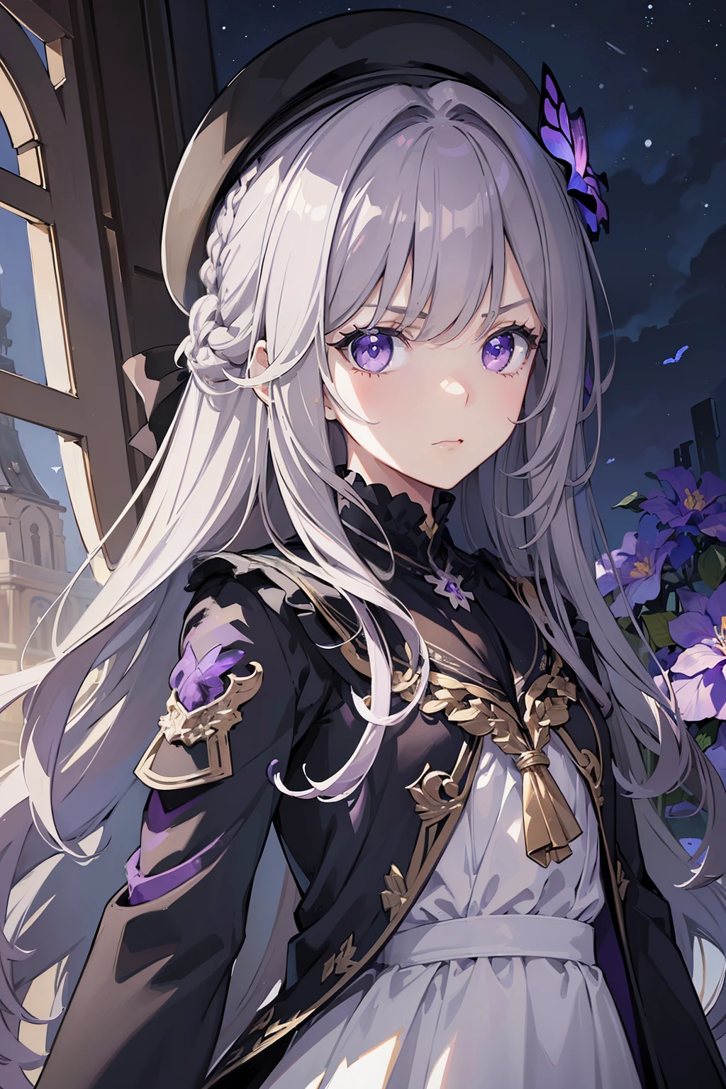 (best quality:1.3), (masterpiece:1.3), (illustration:1.3), (ultra-detailed:1.3), 1girl, solo, very young, flat chest, purple eyes, white hair, long hair, black dress, white coat, black beret, serious expression, angry expression, looking at viewer, purple flower, hair ornament, short, french braid, night sky, glowing purple butterfly, indoors, estate, mansion,