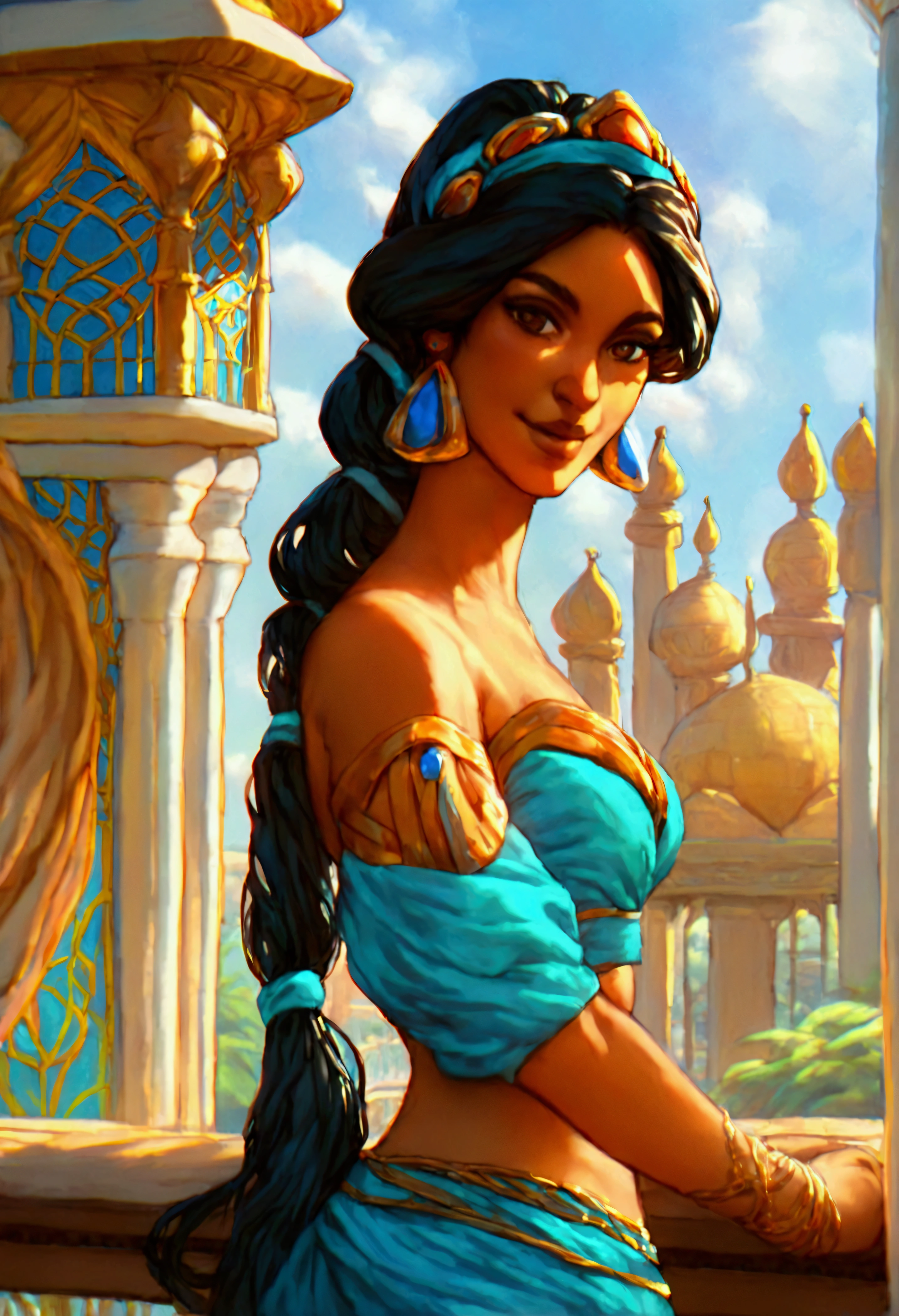 score_9, score_8_up, score_7_up, (solo close-up of Princess Jasmine:1.5) in (dynamic pose:1.0) on balcony of (Arabian palace:1.2), dark-skinned beauty, perfect face, ornate columns, starlit romantic sky, (architecture with intricate design and verdant vegetation), bright colors, (cartoon artstyle with bold lines:1.3), (warm ambient:1.2), rating_safe.