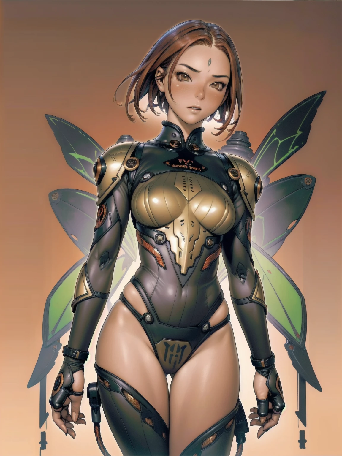 (((Black and golden)), ((best qualityer)), (((front view))), (((perfect body))), (((slim))), (Muscles), (((fit body armor suit))), ((Perfect masterpiece)), (detailded: 1.4), (absurdrez), (((long red hair with heavy bangs covering the entire forehead and a moth))), (((full body fitness, Venom symbol)), (((short hair woman, blushful))), 2 woman, beautiful sexy woman, giant robot pilot, wild with perfect corpo fitness, wearing small mecha battle armor clothes, tiny thong, Shonen manga style, clothing with Japanese cyberpunk graphic patterns, Halftone pattern and vertical stripes, earth tone, exiting the body of a giant robot, (((cowboy shot)))