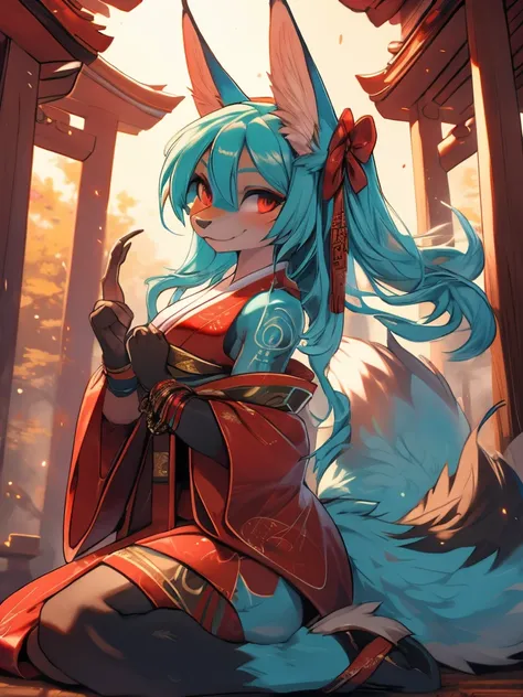 miku hatsune, add high definition_detail:1, blue fur,kitsune ears, tribal tattoo add_detail:1, showing her beautiful figure, jap...