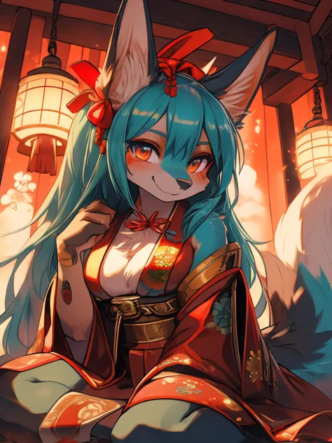 miku hatsune, add high definition_detail:1, blue fur,kitsune ears, tribal tattoo add_detail:1, showing her beautiful figure, jap...