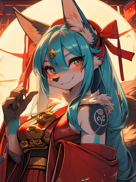 miku hatsune, add high definition_detail:1, blue fur,kitsune ears, tribal tattoo add_detail:1, showing her beautiful figure, jap...