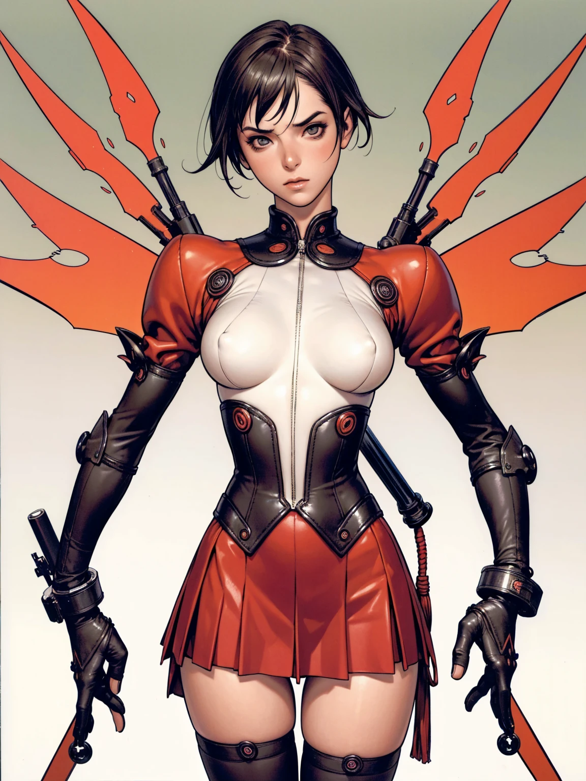 (((Annie Lennox))), ((( transparent dark red suit ))), (((bandaged arms))), ((high collar)), (((Ryuko Matoi))), (((micro skirt with vertical seams))), ((Mechanical bat wings))), (((best qualityer: 1.4))), (Unbeatable masterpiece), (hiper HD),(CG 8k hyper-realistic), (((brave face))), (((breasts big))), (((hyper feminine))), sexly girl, Thor,（black bob hair)), ((( sculptural body ))), (((1 Kizi))), Kizi cibernética de 25 anos com perfectbody,,Beautiful and well-groomed face,muscular body:1.2,solid color detailed jacket, (Head to thigh photos), Complex equipment, green dark，long pants，Tight clothes are dark，With white stars and off-white stripes,,,,,Armor Metal Electronic Parts) INFO, Kizi, (((standing alone))), pirralha violent, ((())), sexly, pose de atitude, work of art, post-apocalypse, (((manga style))), bounty hunter, violent, Manic, the way you want, slenderbody, thin but strong, perfectbody, roupa moderna, advanced technology, neon, sleeves with vertical striped pattern, neutral background, (( cowboy shot )). intricate visual