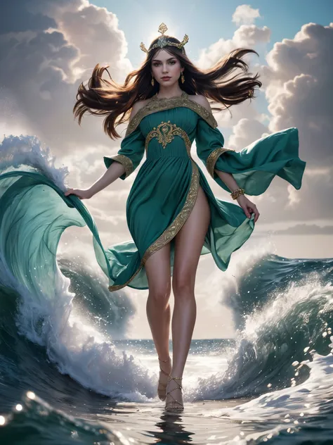 1girl, full body, green dress, walking on water, very long hair, colossal hurricane, stormy sea, swirling wind, crashing waves, ...