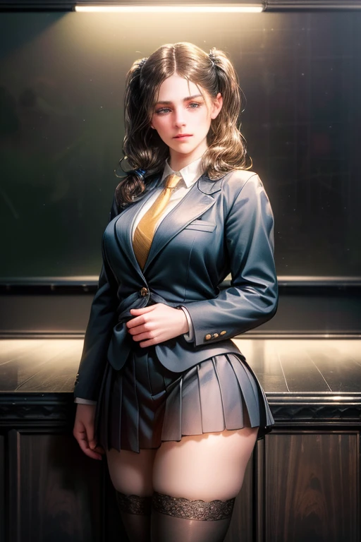 1girl, beautiful young woman, long black hair, twin tails, blue blazer uniform, tie, tight skirt, knee socks, standing in anatomy club room, gazing at viewer, sweet expression, human body drawings on blackboard, (best quality,4k,8k,highres,masterpiece:1.2),ultra-detailed,(realistic,photorealistic,photo-realistic:1.37),anatomy,scientific,precise,hyper-realistic,intricate details,vivid colors,cinematic lighting,volumetric lighting,depth of field,photo-realistic rendering