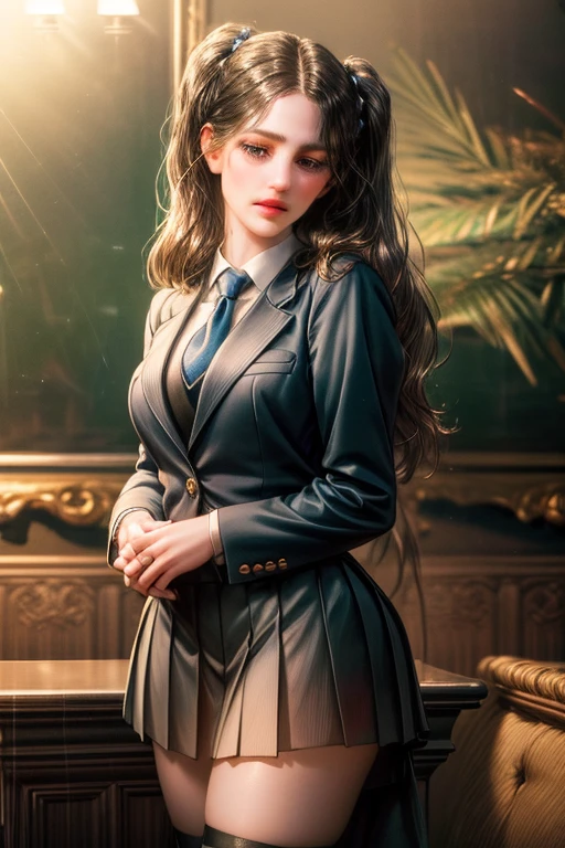 1girl, beautiful young woman, long black hair, twin tails, blue blazer uniform, tie, tight skirt, knee socks, standing in anatomy club room, gazing at viewer, sweet expression, human body drawings on blackboard, (best quality,4k,8k,highres,masterpiece:1.2),ultra-detailed,(realistic,photorealistic,photo-realistic:1.37),anatomy,scientific,precise,hyper-realistic,intricate details,vivid colors,cinematic lighting,volumetric lighting,depth of field,photo-realistic rendering