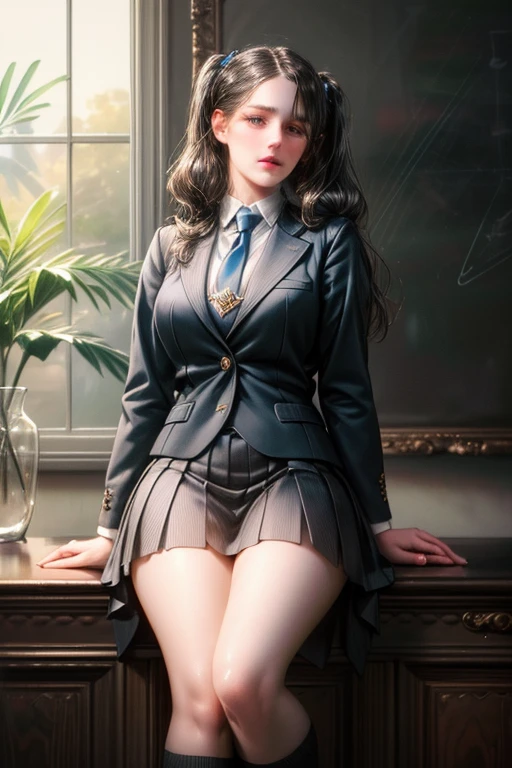 1girl, beautiful young woman, long black hair, twin tails, blue blazer uniform, tie, tight skirt, knee socks, standing in anatomy club room, gazing at viewer, sweet expression, human body drawings on blackboard, (best quality,4k,8k,highres,masterpiece:1.2),ultra-detailed,(realistic,photorealistic,photo-realistic:1.37),anatomy,scientific,precise,hyper-realistic,intricate details,vivid colors,cinematic lighting,volumetric lighting,depth of field,photo-realistic rendering