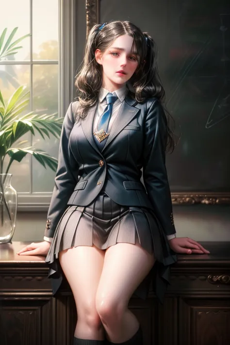 1girl, beautiful young woman, long black hair, twin tails, blue blazer uniform, tie, tight skirt, knee socks, standing in anatom...