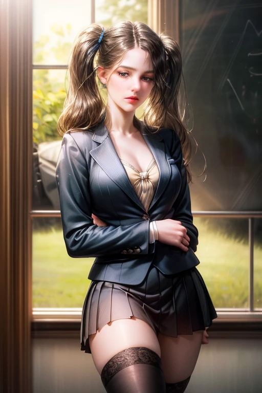 1girl, beautiful young woman, long black hair, twin tails, blue blazer uniform, tie, tight skirt, knee socks, standing in anatomy club room, gazing at viewer, sweet expression, human body drawings on blackboard, (best quality,4k,8k,highres,masterpiece:1.2),ultra-detailed,(realistic,photorealistic,photo-realistic:1.37),anatomy,scientific,precise,hyper-realistic,intricate details,vivid colors,cinematic lighting,volumetric lighting,depth of field,photo-realistic rendering