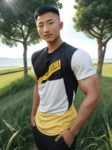 a handsome, muscular young asian man looks at the camera. in a simple t-shirt black and yellow , fieldside, grass, beach, sunlig...