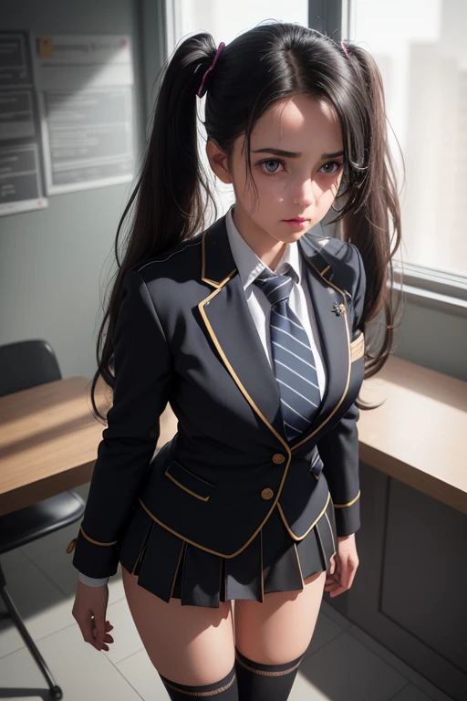 1girl, beautiful young woman, long black hair, twin tails, blue blazer uniform, tie, tight skirt, knee socks, standing in anatomy club room, gazing at viewer, sweet expression, human body drawings on blackboard, (best quality,4k,8k,highres,masterpiece:1.2),ultra-detailed,(realistic,photorealistic,photo-realistic:1.37),anatomy,scientific,precise,hyper-realistic,intricate details,vivid colors,cinematic lighting,volumetric lighting,depth of field,photo-realistic rendering