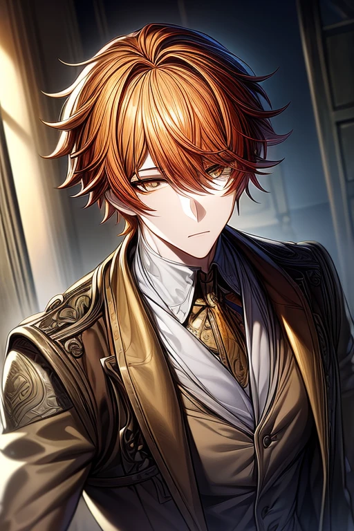 (masterpiece, best quality, perfect face, expressive eyes), 1boy, (anime), (male), intricate details, orange hair, yellow eyes, brown vest, grey trench coat, 