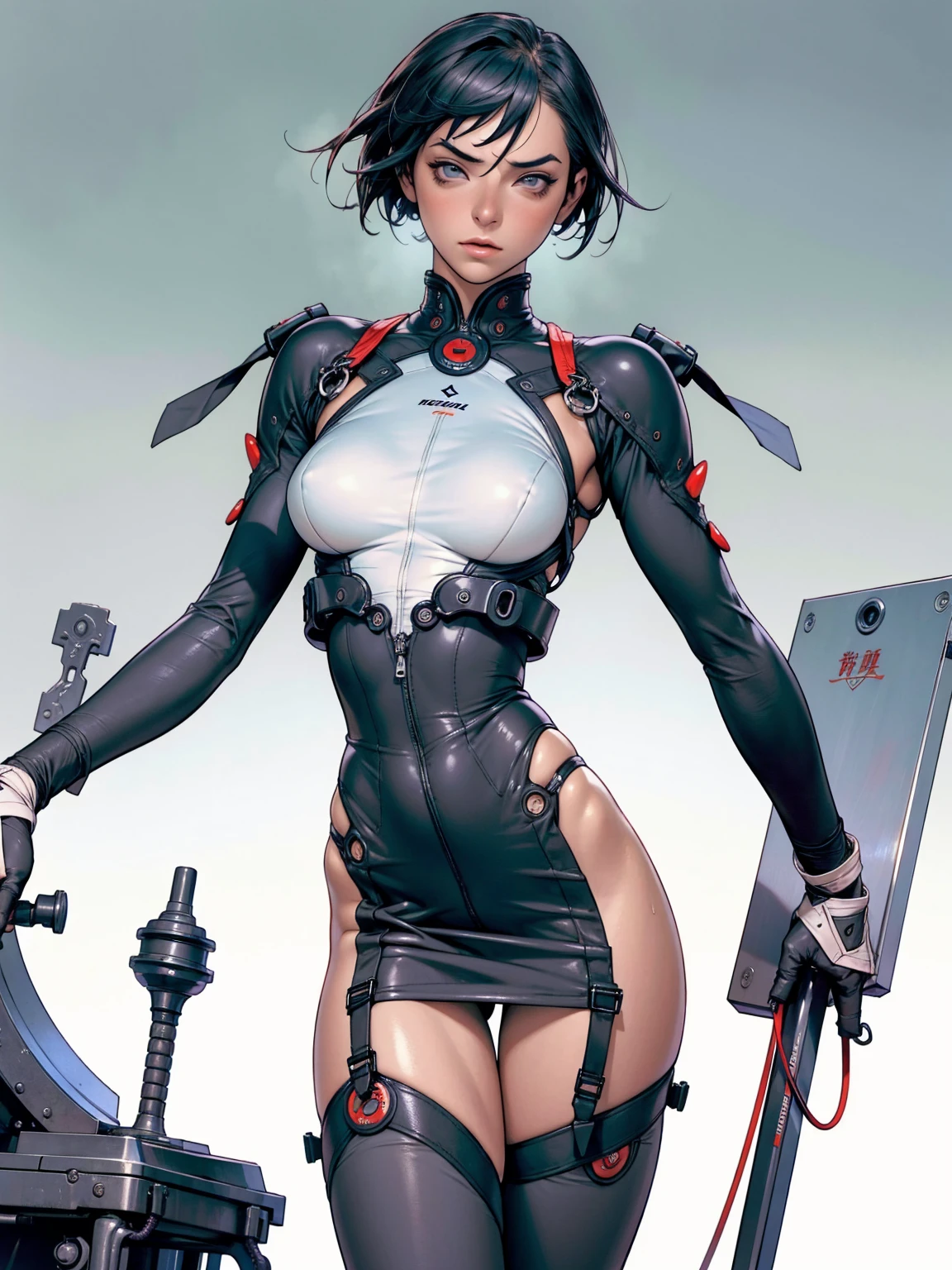 (((Annie Lennox))), ((( transparent dark grey blue suit ))), (((bandaged arms))), ((high collar)), (((Ryuko Matoi))), (((micro skirt with vertical seams))), (((best qualityer: 1.4))), (Unbeatable masterpiece), (hiper HD),(CG 8k hyper-realistic), (((brave face))), (((breasts big))), (((hyper feminine))), sexly girl, Thor,（black bob hair)), ((( sculptural body ))), (((1 Kizi))), Kizi cibernética de 25 anos com perfectbody,,Beautiful and well-groomed face,muscular body:1.2,solid color detailed jacket, (Head to thigh photos), Complex equipment, green dark，long pants，Tight clothes are dark，With white stars and off-white stripes,,,,,Armor Metal Electronic Parts) INFO, Kizi, (((standing alone))), pirralha violent, ((())), sexly, pose de atitude, work of art, post-apocalypse, (((manga style))), bounty hunter, violent, Manic, the way you want, slenderbody, thin but strong, perfectbody, roupa moderna, advanced technology, neon, sleeves with vertical striped pattern, neutral background, (( cowboy shot )). intricate visual