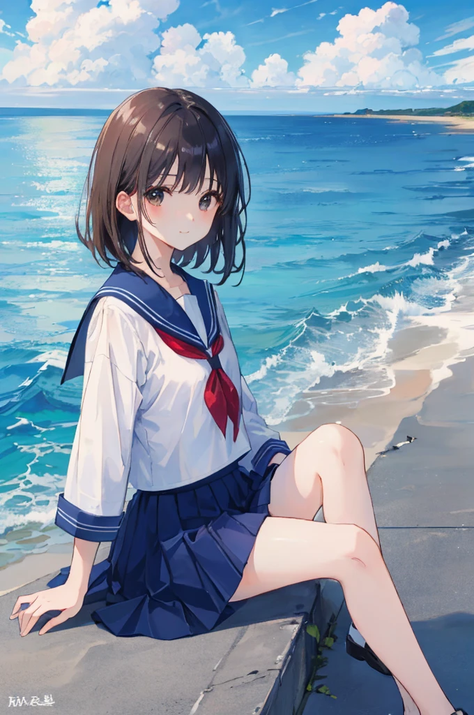 ((最high quality, 8K, masterpiece: 1.3, Ultra HD, high quality, 最high quality, High resolution, realism)) 、Very beautiful 18 year old Japanese schoolgirl、I'm wearing a sailor suit、Wearing a navy blue pleated skirt、Wear loafers、Hair  is light brown、black eye、Medium Hair、Straight hair、smile、sit on a high breakwater on the beach、The blue sky is beautiful、There is a road in front of the breakwater....、The sea is beautiful、Beautiful horizon、 An island is visible offshore、Entering the clouds above the horizon、Island Lighthouse