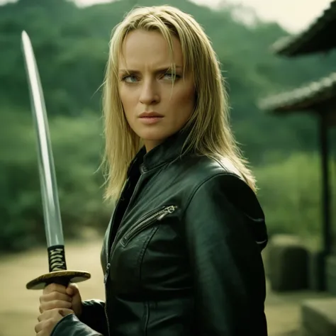 cinematic film still of  cinematic film image of the blonde a woman in a leather jacket holding a sword,1girl,solo,blonde hair,j...