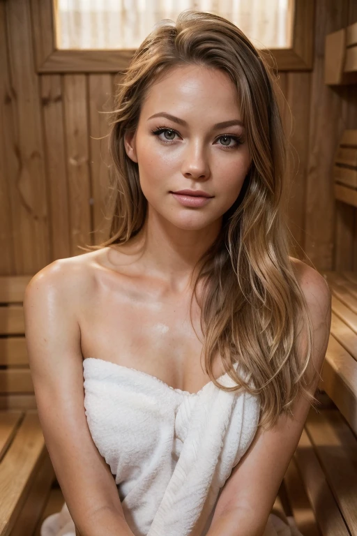 (high quality, realistic:1.2), portrait, beautiful flowing hair, beautiful Becki Newton, inside_sauna, wearing towel, kneeling, hot, (sweaty:1.2), steamy, detailed eyes, luscious lips, sensual gaze, luxurious texture, shimmering highlights, soft shadows, subtle smile, impeccable makeup, perfect skin tone, varied golden hues, mesmerizing presence, extraordinary attention to detail, immaculate shading, flawless complexion, expressive eyebrows, long eyelashes, graceful pose, stylish and confident demeanor, striking contrast, professional photography, rich color palette, subdued lighting, subtle bokeh effects, glowing complexion, meticulously crafted features, exquisite realism, artistic sophistication, midshot.